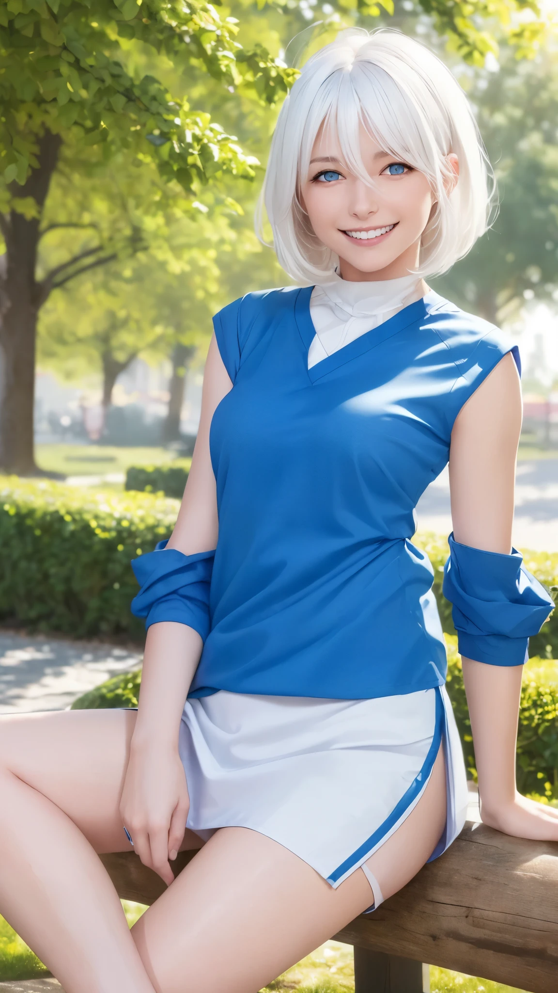 best quality, photorealistic, 8k, high res, full color, 1girl, woman, 20 years old woman, blue eyes (lovely smile, beautiful smile, smiling:1.73), (skindentation), (portrait:0.6), trees, park bench, daylight, ((park background:1.52)), full color, ((sleevelessblueshirt:1.58)), looking at viewer:1.8, (1girl eyes looking at viewer:1.55), (medium hair, white hair, partedhair:1.45), (bokeh), 