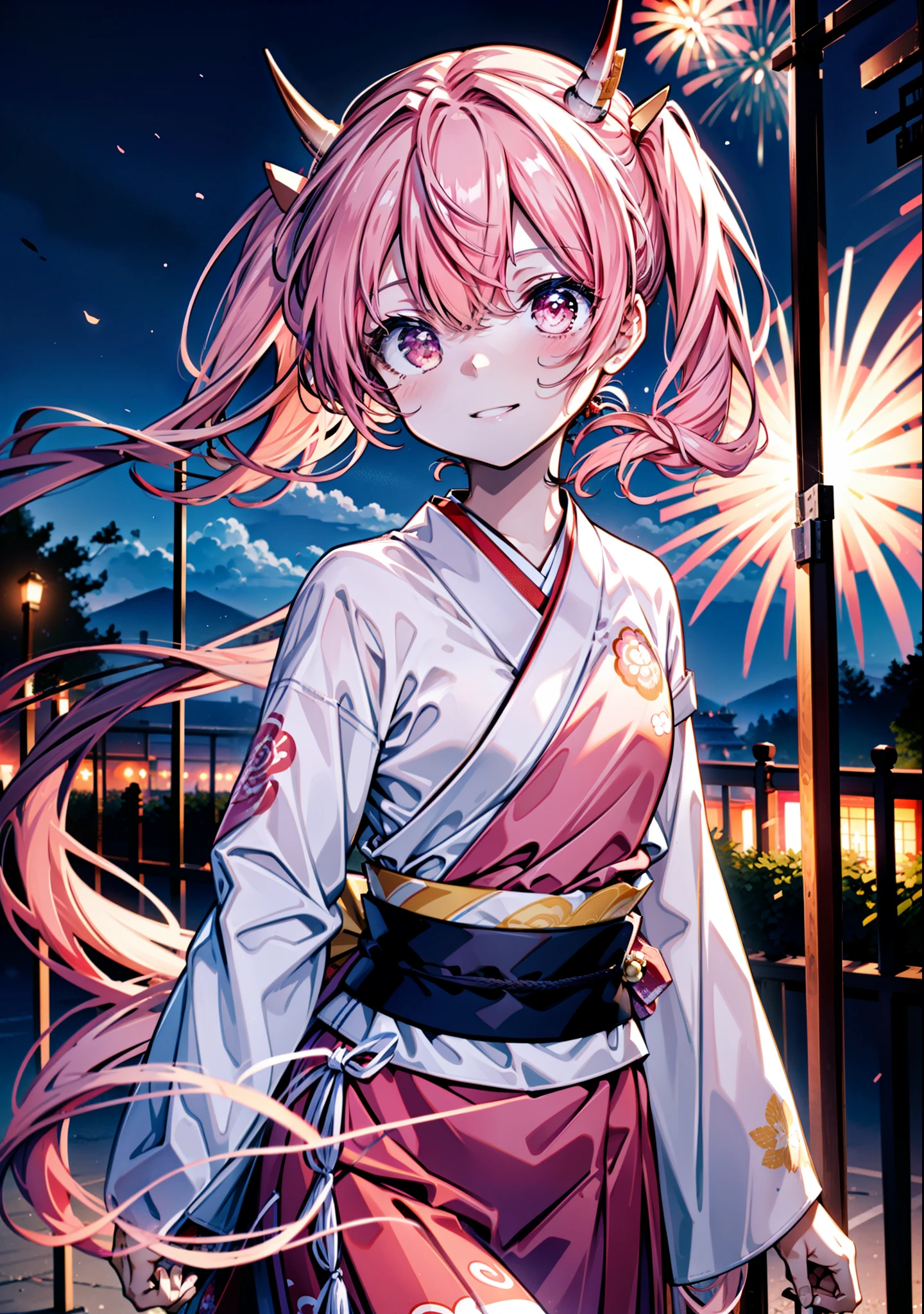Aria h kanzaki,horn,Pink Hair,Long Hair,low 　Twin tails,小さいhorn,Red eyes,happy smile, smile, Open your mouth,pink kimono,Thick sleeves,Long skirt,日本のfestival,夏festivalの屋台,Red Lantern,night,night空のfirework,firework,場所はfirework大会,時間はnightです,sunny day,turn around,as if,walk,　　　　　　　　　　　　　　　  　　　　　break looking at viewer, Upper Body, (Cowboy Shot:1. 5),  　　　　　
break outdoors, festival,shrine,
break (masterpiece:1.2), Highest quality, High resolution, unity 8k wallpaper, (shape:0.8), (Beautiful attention to detail:1.6), Highly detailed face, Perfect lighting, Highly detailed CG, (Perfect hands, Perfect Anatomy),