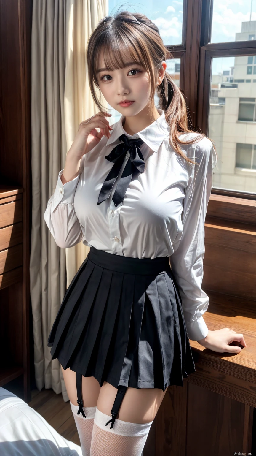 (8K, RAW Photos, Highest quality, masterpiece:1.2), (professional photography, full colors, studio-caliber color grading), (Gravure quality for high-end fashion magazines),  BREAK,18 year old girl, (fluffy ponytail:1.2), Big Natural Color Lip, Plumpy body, (smooth skin:1.1), huge breasts,  BREAK, (collared shirt:1.1), pleated skirt, knee high socks, BREAK, hotel room, cute , lolita