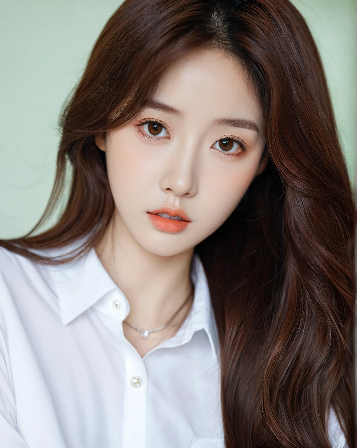 a close up of a woman with long hair wearing a white shirt, ulzzang, 🤤 retrato de niña with long hair, coral brown hair, Big eyes and long flowing hair, brown hair and big eyes, loose brown hair, with long hair and piercing eyes, with long hair, King&#39;s wool