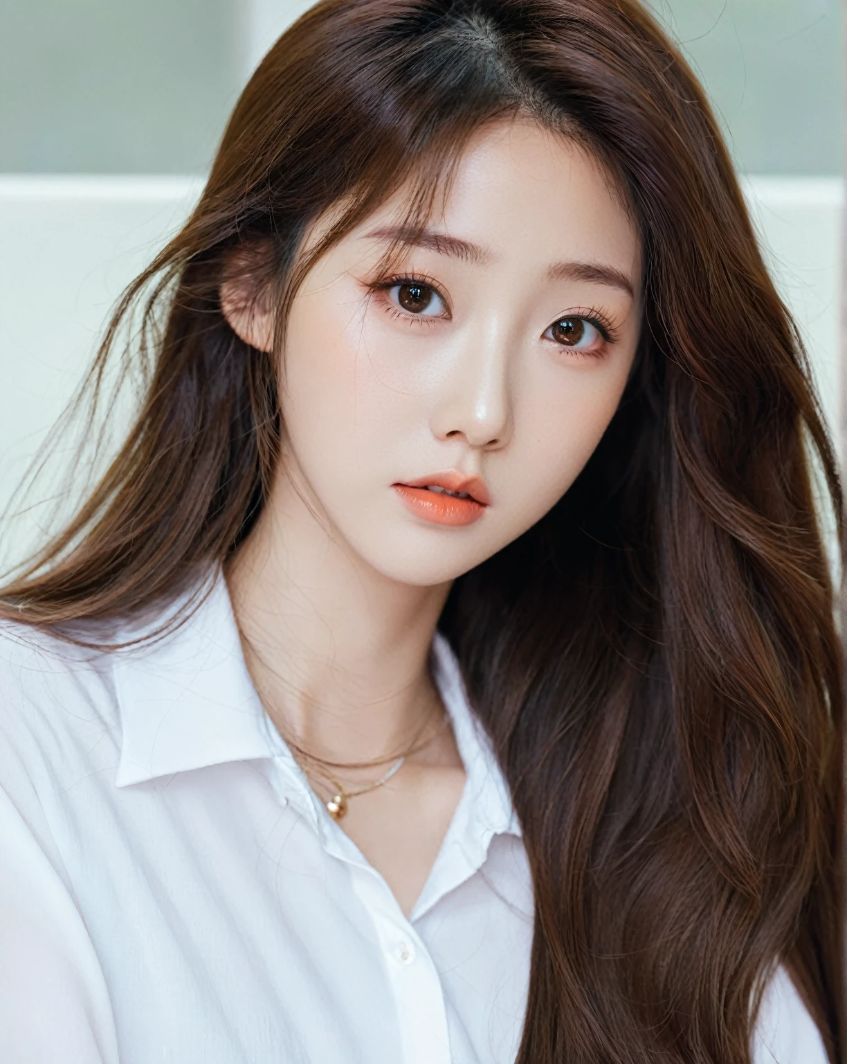 a close up of a woman with long hair wearing a white shirt, ulzzang, 🤤 retrato de niña with long hair, coral brown hair, Big eyes and long flowing hair, brown hair and big eyes, loose brown hair, with long hair and piercing eyes, with long hair, King&#39;s wool