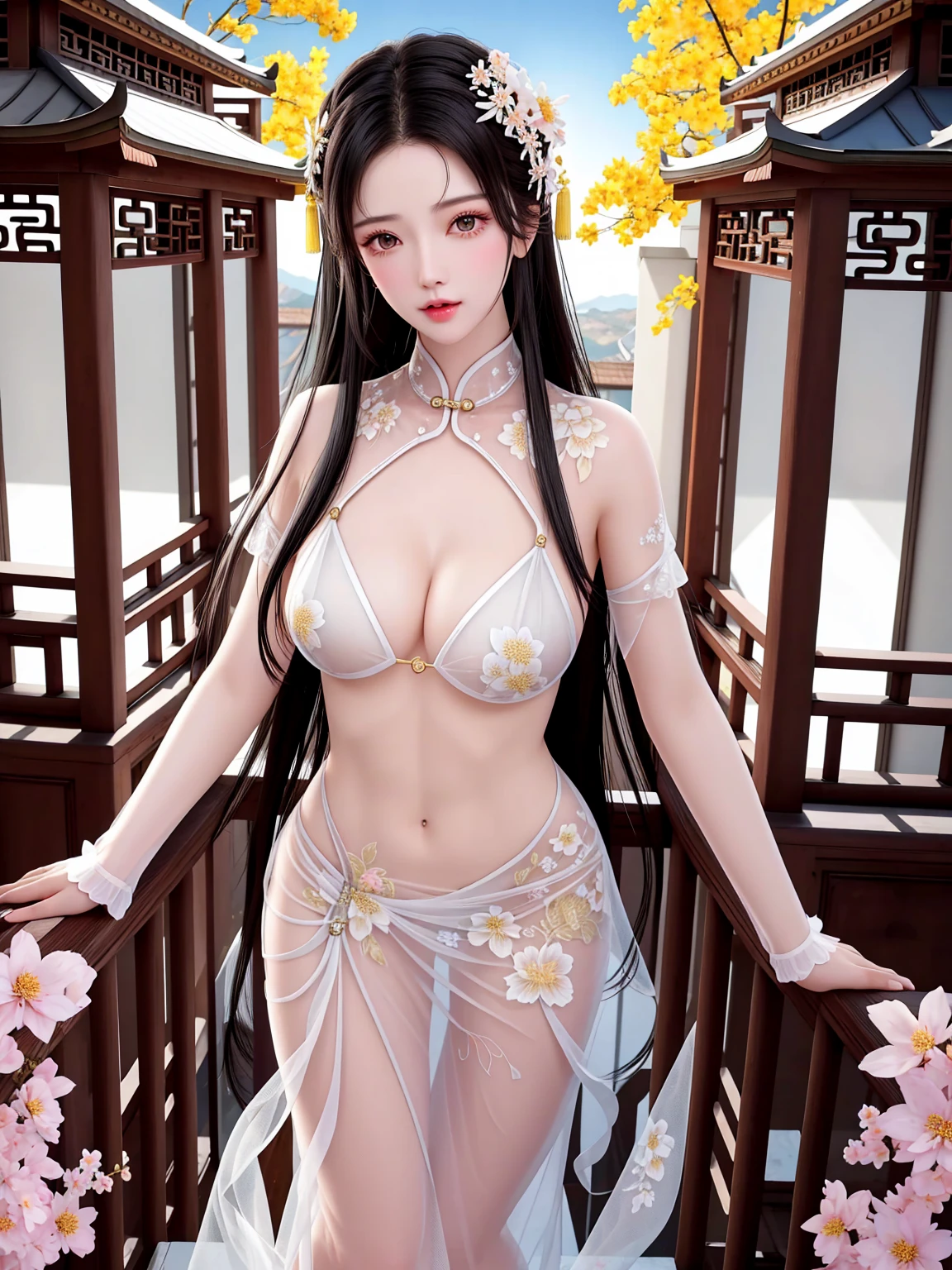 Top quality, masterpiece, high resolution, Chinese,，，，mountain peak，,The Peak,,,,,,Rooftop,,,,,,,naked,，stand erect，,1girl, charming appearance and personality, big body, extremely sexy, ，，，，Floral print ，， ，Floral print，， Light yellow floral fragments，，(transparent ), large hollow see-through, beautiful and delicate face, (desire figure) perfect slim figure (nipple slip: 0.5), perfect white skin，stand erect，，Smooth black long hair，，，，Black Hair
