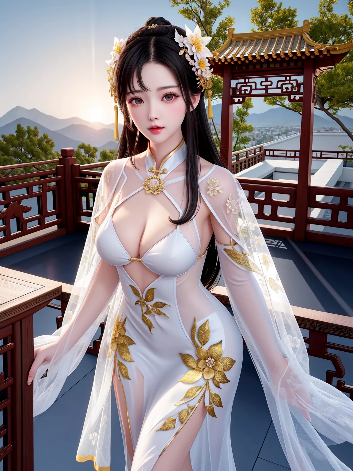Top quality, masterpiece, high resolution, Chinese,,,,mountain peak,,The Peak,,,,,,Rooftop,,,,,,,naked,,stand erect,,1girl, charming appearance and personality, big body, extremely sexy, ,,,,Floral print ,, ,Floral print,, Light yellow floral fragments,,(transparent ), large hollow see-through, beautiful and delicate face, (desire figure) perfect slim figure (nipple slip: 0.5), perfect white skin,stand erect,,Smooth black long hair,,,,Black Hair