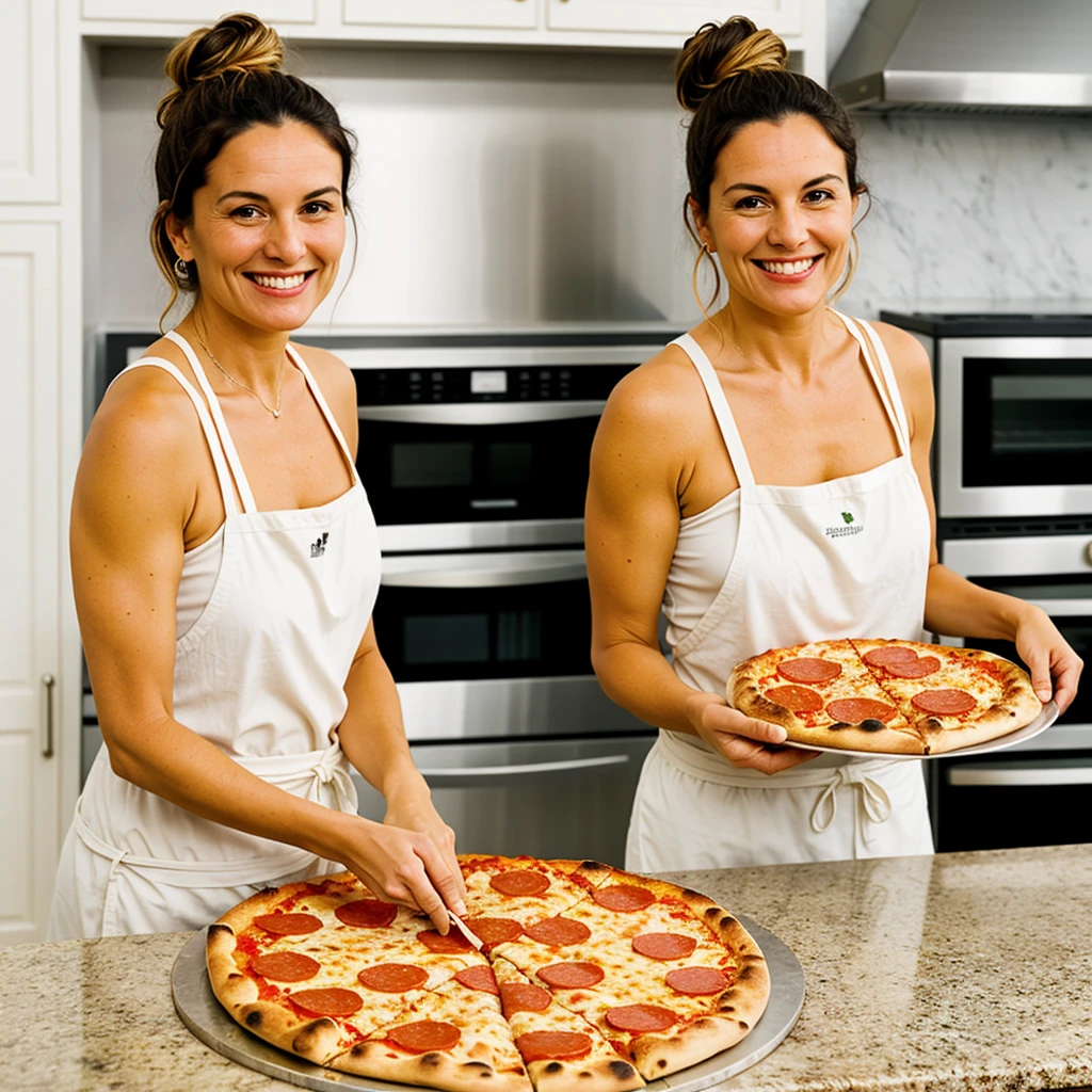 A middle-aged woman, with hair tied up and smiling, is eating a pizza on a granite countertop. Behind her, there is a heated stone oven, and on the counter are various ingredients such as tomato sauce, grated cheese and pepperoni.