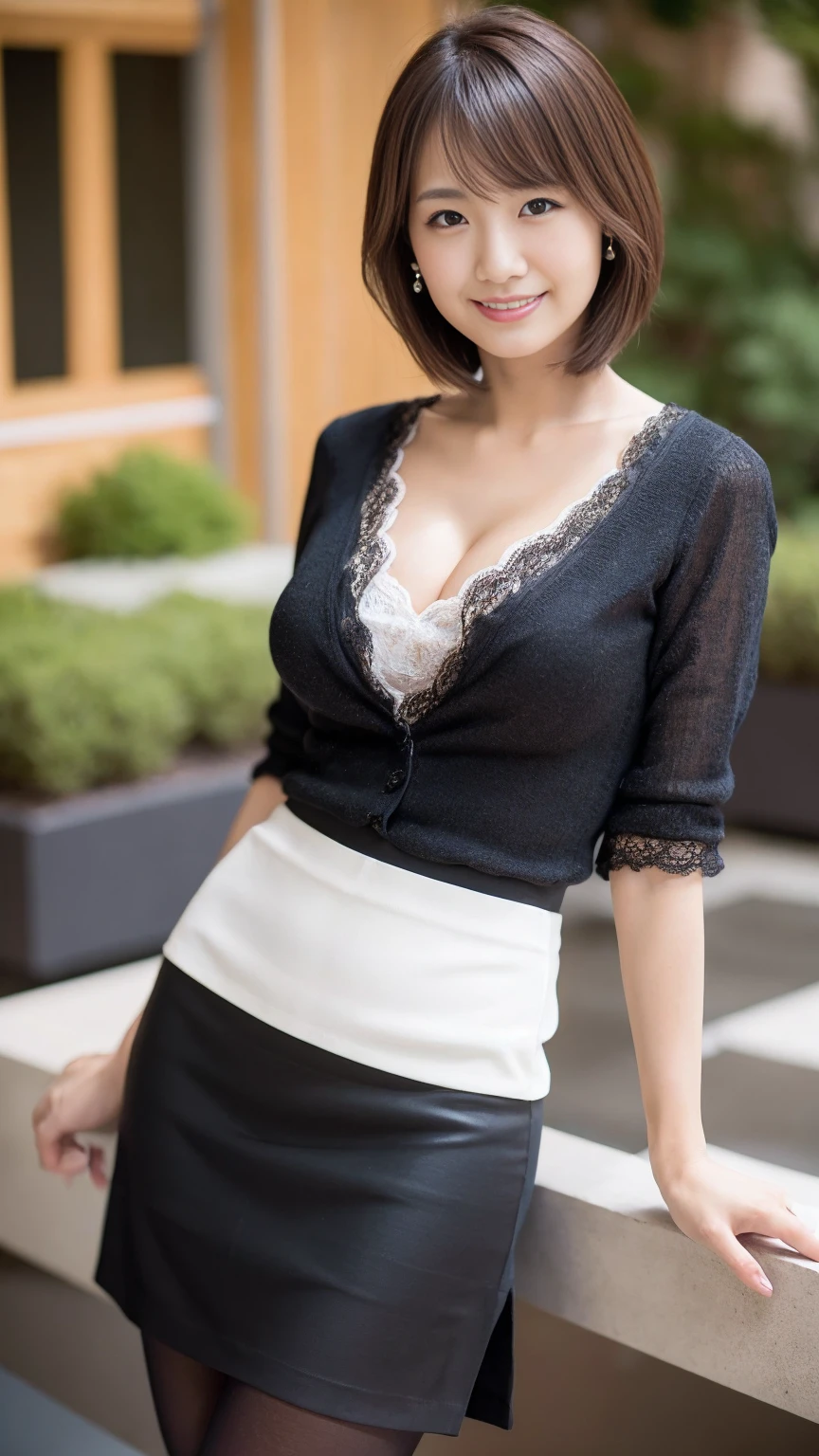 masutepiece, Best Quality, Photorealsitic, finely detail, hight resolution,beautiful japanese woman,beautiful detailed eyes, beautiful detailed lips, extremely detailed face, small head, small areola, cinematic lighting, photorealistic, 8k, high quality, hyper detailed, look at me,smile,(white t-shirt),( pencil skirt:1.2),(short hair:1.2),(random outside location),(medium breasts:1.2),(inoueseika),(portrait:1.3),slender,beautifull legs,(cleavage:1.3),(sexy posing),mini skirt, (bokeh:1.3) (black pantyhose:1.2)