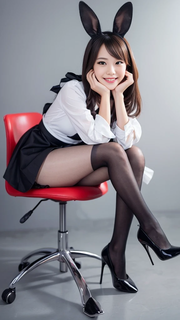 Bunny girl in maid costume:1.5,Wear black tights:1.5,The best smile:1.5,full-body shot:1.5,Gray background:1.5,Wearing black high heels:1.5,sit on the chair:1.5,Shot from a bottom angle:1.5