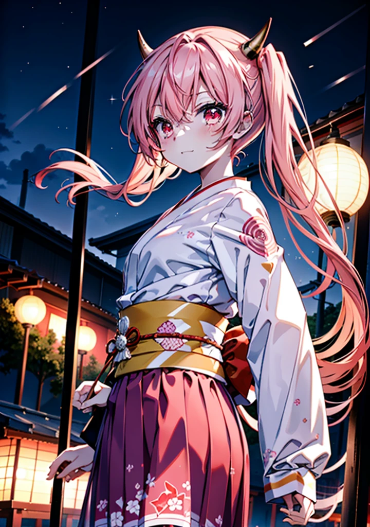 Aria h kanzaki,horn,Pink Hair,Long Hair,low 　Twin tails,小さいhorn,Red eyes,happy smile, smile, Open your mouth,pink kimono,Thick sleeves,Long skirt,日本のfestival,夏festivalの屋台,Red Lantern,night,night空のfirework,firework,場所はfirework大会,時間はnightです,sunny day,turn around,as if,walk,　　　　　　　　　　　　　　　  　　　　　break looking at viewer, Upper Body, (Cowboy Shot:1. 5),  　　　　　
break outdoors, festival,shrine,
break (masterpiece:1.2), Highest quality, High resolution, unity 8k wallpaper, (shape:0.8), (Beautiful attention to detail:1.6), Highly detailed face, Perfect lighting, Highly detailed CG, (Perfect hands, Perfect Anatomy),