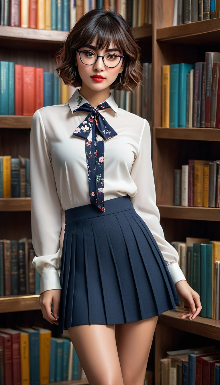 (((beautiful beautiful Isabela Merced, posing for shipmentss, looking sexy, ruffled lips, Short curly hair in different colors, extremely pretty eyes))), ((wearing floral silver necklace)), realistic shipmentsgraph, highy detailed, Foco do pointed, (Main lighting), (indoor bookstore environment), work of art, extremely pretty, Perfect beauty, (perfect shape body, Broad Hips, small waist, thick-thighs, firm abs, Body cute, knees, knees, focus on the knees, breasts small), short hair of different colors with bangs, short hair with bangs of different colors cobrindo a testa, short hair with bangs of different colors ((((short hair of different colors with bangs cobrindo a testa)))), ((30 years old)), (extremely detaild 8k wallpaper), ((face detailed)), (((wearing open white shirt, microsaia curta de tweed, knees, knees, Very Short Skirt)), (long dark eyelashes), (looking at the camera), (((neckleace))), (glamor model), (seductive facial expression) (((standing between high shelves full of books))), extremely detaild, work of art, details Intricate, highy detailed, Foco do pointed, skin detailed, realistic skin texture, texture, detailedeyes, high resolution, Cores Kodak Vision, shipments_\(ultra\), Post-processing, Maximum details, roughness, real-life, ultra realistic, shipmentsrealism, shipmentsgraphy, absurderes, RAW shipments, highest quallity, high detail RAW color shipments, professional shipments, extremely detaild UHD 8k wallpaper unit, best qualityer, high resolution, (work of art, maximum quality, high resolution:1.4), shipments, cinematic, film grain, pointed, soft natural light, magic shipmentsgraphy, super verbose, ((all-body: legs 1.7)), librarian glasses, nerd glasses, ((pleated miniskirt: miniskirt 1.6)), unbuttoned blouse with neckleace, へそ, へそ, neckleace, (Head to knee, all-body: knees 1.3)