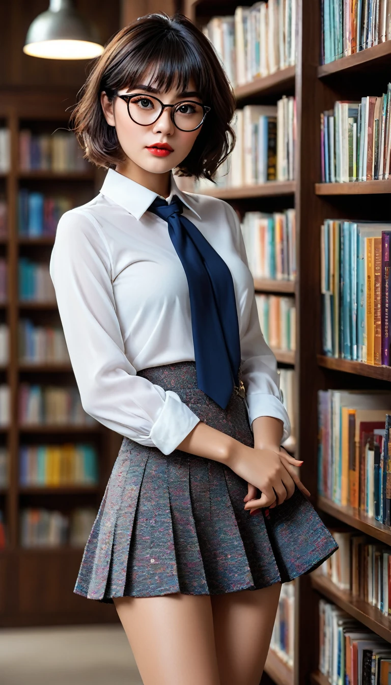 (((beautiful beautiful Isabela Merced, posing for shipmentss, looking sexy, ruffled lips, Short curly hair in different colors, extremely pretty eyes))), ((wearing floral silver necklace)), realistic shipmentsgraph, highy detailed, Foco do pointed, (Main lighting), (indoor bookstore environment), work of art, extremely pretty, Perfect beauty, (perfect shape body, Broad Hips, small waist, thick-thighs, firm abs, Body cute, knees, knees, focus on the knees, breasts small), short hair of different colors with bangs, short hair with bangs of different colors cobrindo a testa, short hair with bangs of different colors ((((short hair of different colors with bangs cobrindo a testa)))), ((30 years old)), (extremely detaild 8k wallpaper), ((face detailed)), (((wearing open white shirt, microsaia curta de tweed, knees, knees, Very Short Skirt)), (long dark eyelashes), (looking at the camera), (((neckleace))), (glamor model), (seductive facial expression) (((standing between high shelves full of books))), extremely detaild, work of art, details Intricate, highy detailed, Foco do pointed, skin detailed, realistic skin texture, texture, detailedeyes, high resolution, Cores Kodak Vision, shipments_\(ultra\), Post-processing, Maximum details, roughness, real-life, ultra realistic, shipmentsrealism, shipmentsgraphy, absurderes, RAW shipments, highest quallity, high detail RAW color shipments, professional shipments, extremely detaild UHD 8k wallpaper unit, best qualityer, high resolution, (work of art, maximum quality, high resolution:1.4), shipments, cinematic, film grain, pointed, soft natural light, magic shipmentsgraphy, super verbose, ((all-body: legs 1.7)), librarian glasses, nerd glasses, ((pleated miniskirt: miniskirt 1.6)), unbuttoned blouse with neckleace, へそ, へそ, neckleace, (Head to knee, all-body: knees 1.3)