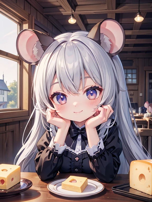 ((Highest quality)), ((masterpiece)), (detailed), Perfect Face, Perfect Arms, Perfect hands, Perfect Fingers, anime, Ultra-fine illustration, ((1 person)), chibi, (Mouse girl), (Mouse Ears), Grey Hair, Iris, (cheese), eat, Log House, indoor, (Smile:1.3), Upper Body Shot,