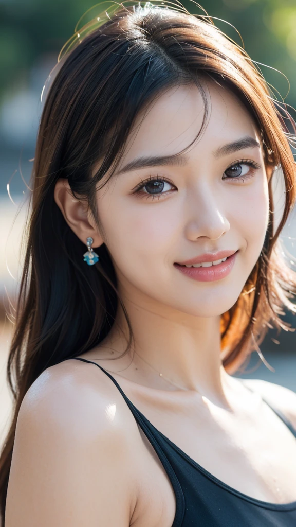 High resolution, 32K, beautiful, female, 20 years old, ((tanned skin)), smiling, double,Camera is from bottom to top, whole body, gravure, Fcup
black swimsuit, ((Very bold torn swim)),suittorn swimsuit,(masterpiece, best quality:1.4)
8k, highres
shiny skin, lips
super detailed skin
detailed beautiful face and eyes
bloom, spotlight, professional lighting gender: Female Age: Youth hair color: Black hairstyle: Long eye color: Blue expression: smiling face
Dress: Casual Accessories: Earring Pose: Standing camera angle: Looking at the front camera: Face direction looking at camera: frontal face, Front view Character image size: head shot, face closeup character perspective: close-up, Near view background type: City background color: BlueOther elements: Floral art style: Photorealistic Color Palette: Bright special effects: Light reflection specific elements: Hair trend elements fluttering in the wind: Latest fashion interactive elements: Eye contact emotion expression: joy