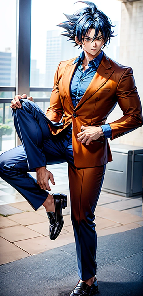 Hair like goku colour of the hair blue stylish suit round shape eyes with brown handsome face styles pant bata company shoes age 18