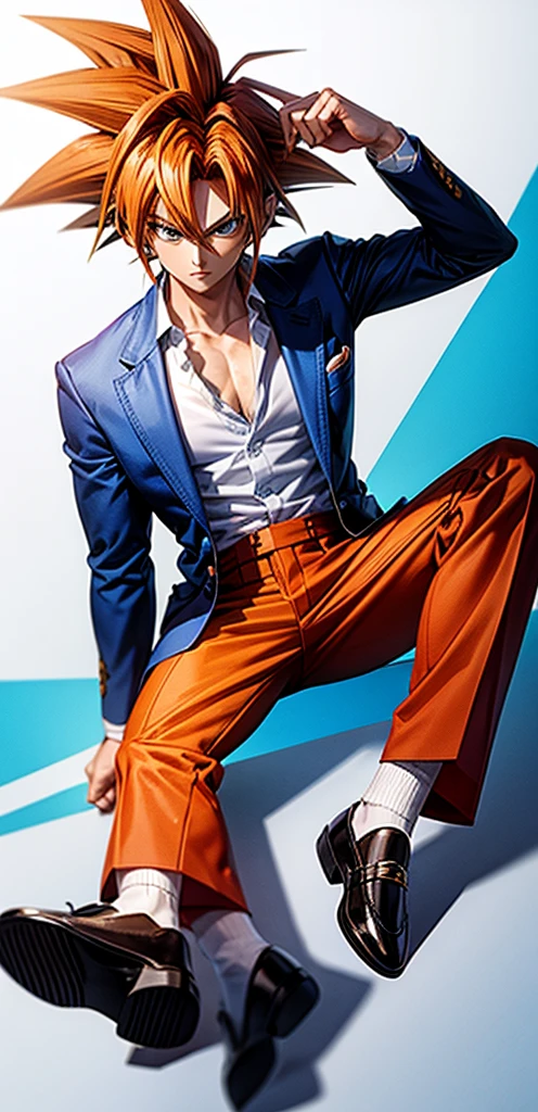 Hair like goku colour of the hair blue stylish suit round shape eyes with brown handsome face styles pant bata company shoes age 18