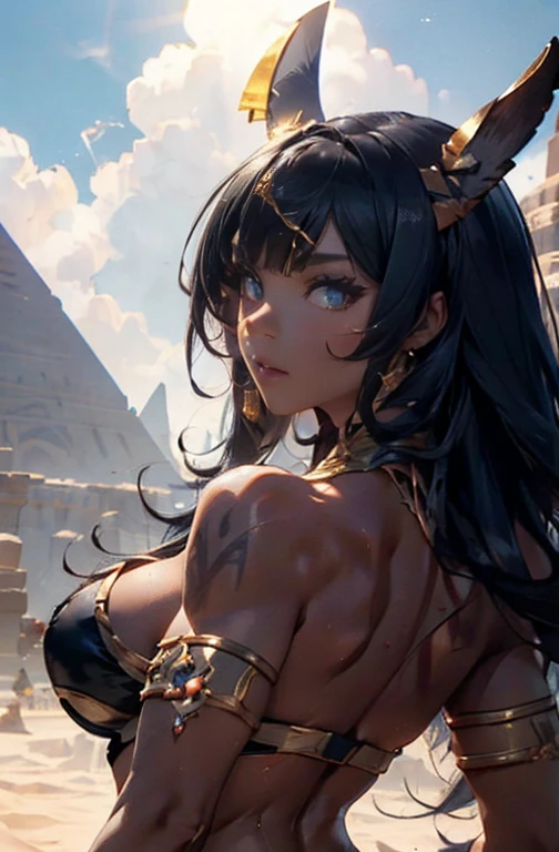 ((Frank Frazetta)), Beautiful full-bodied black woman, gorgeous eyes、 egyptian woman, Egyptian adornments, muscled body e perfeito,(maximum quality、8k、32 mil、Masterpiece artwork、nffsw:1.3)、超High resolution,(Photorealistic:1.4),, long black hair with heavy bangs on the forehead,,,sun glints,depth of fields,Backlight effects add depth to the screen、muscled body, red veil, dark skin shiny with oil and sweat, Anubis warrior in small clothes, good golden, Egyptian tattoo,, breasts big, generous neckline, , A desert, pyramids in the background