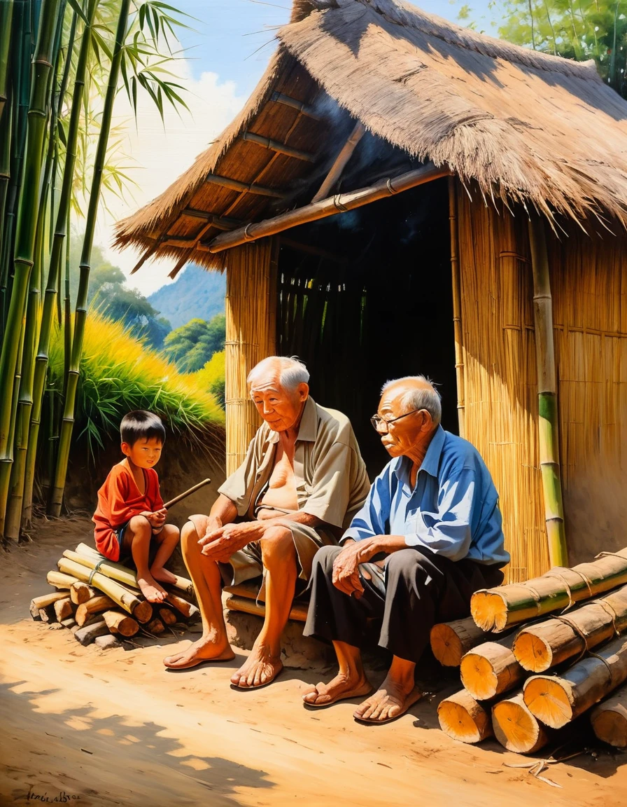 oil painting that shows existence lifestyle of a wrinkled old man and his grandson Sitting in front of a bamboo hut with thatched roof. In front of him, there was a pile of firewood burning. Showing poverty and poverty
