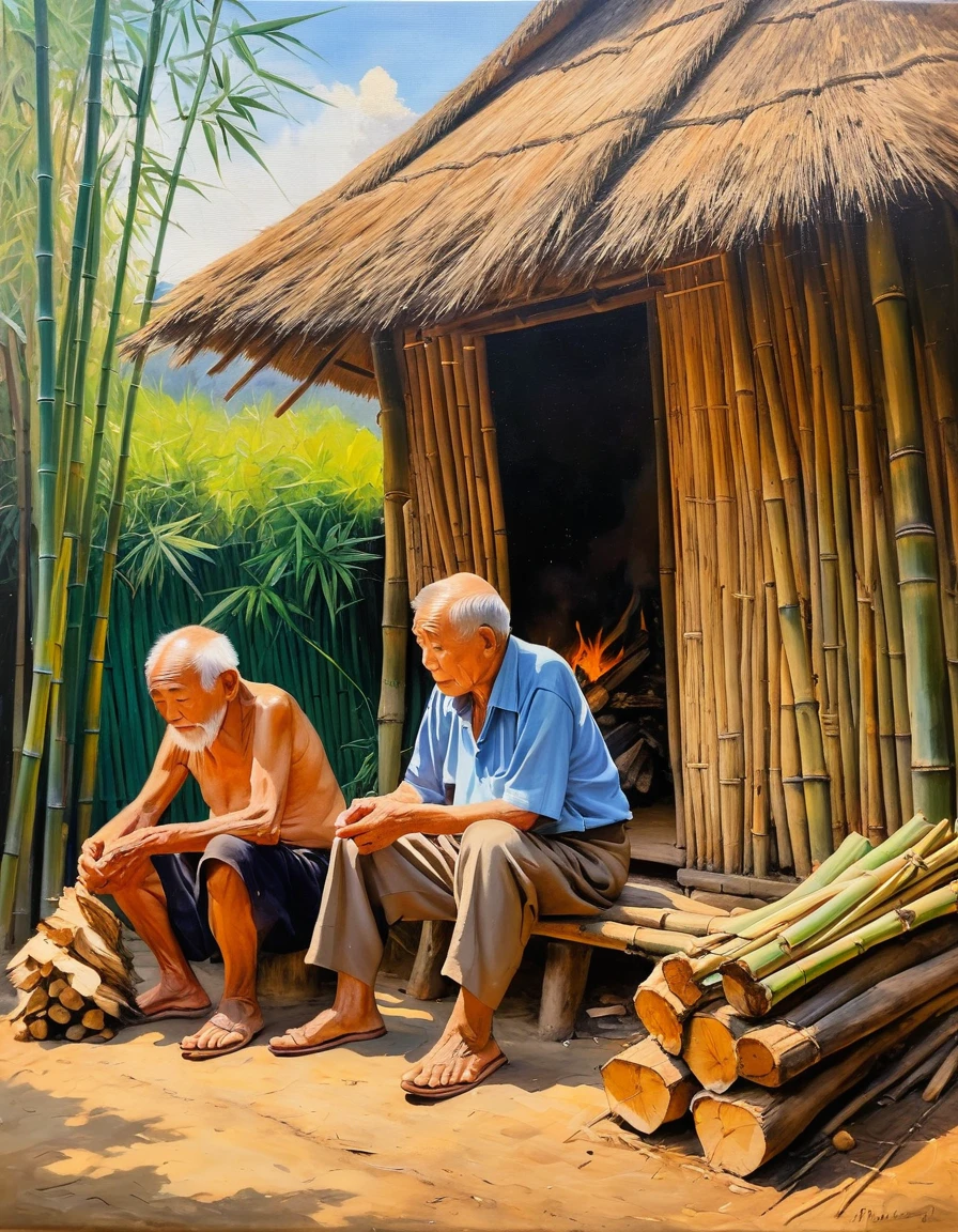 oil painting that shows existence lifestyle of a wrinkled old man and his grandson Sitting in front of a bamboo hut with thatched roof. In front of him, there was a pile of firewood burning. Showing poverty and poverty