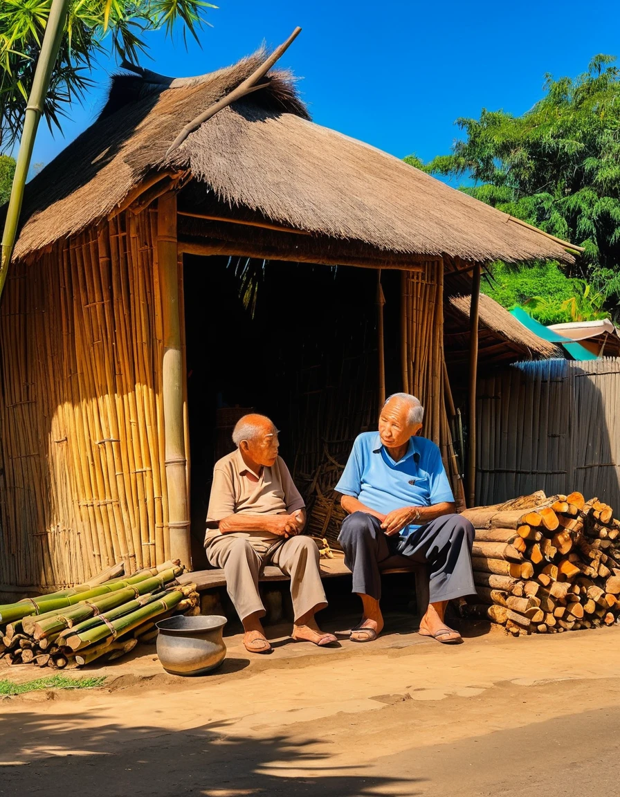 oil painting that shows existence lifestyle of a wrinkled old man and his grandson Sitting in front of a bamboo hut with thatched roof. In front of him, there was a pile of firewood burning. Showing poverty and poverty