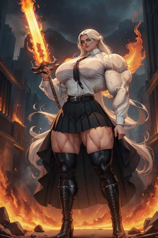 (((Massive tall, beautiful, buff, light brown skinned muscular woman with white hair, black lipstick, ginormous bulky muscles, carrying a giant fire sword and wearing a white long sleeve pleated shirt with beautiful long pleated skirt))), ((close view)), (massive muscles), long straight hair, ((chained belt)), blue eyes, choker, ((white long sleeve pleated shirt and tie)), neck tie, ((beautiful long pleated skirt)), belt, thigh high socks, black boots, (in a fire city), closed smile, night, massive muscles