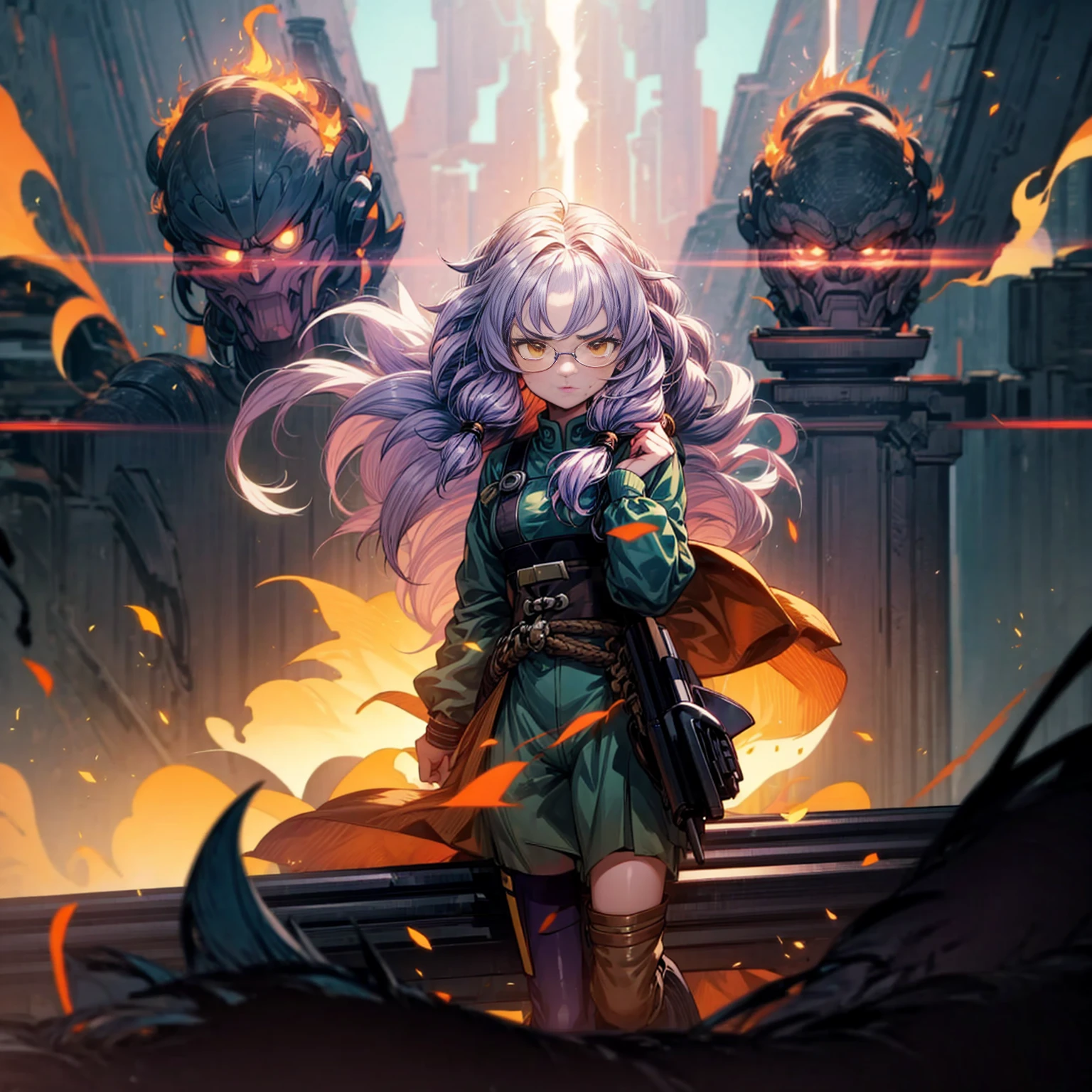 1tall girl, 1character, gold eyes, long Curly haircut, lavender color hair, army style clothing, white glasses, Long socks, boots army, Grassroots, background in top of the building, motion blur, (dragon ball style art), Big robot gun in hand, smoke effect, aura effect, Fire, lighting fire, plasma effect, fire city, (half body view version, angry , standing gesture)