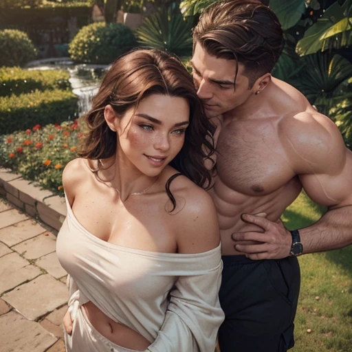 One shirtless rich SHORT-HAIRED  tall muscular man with his girlfriend, flirting and hugging, girlfriend: Athletic fit bodybuilding muscular 30 year old fitness athlete woman, amazingly long wavy  voluminous flowing hair down her back to her thighs beautiful like a waterfall, big beautiful green eyes, MANY freckles on face and body, muscle tone, wet and glistening from sweat, wearing low-rise oversized sweatpants-shorts, ((( IMPORTANT: and a huge loose baggy oversized low-cut comfy big sweatshirt with ONE wide-neck-hole that goes all around off-shoulder and cleavage in one big swoop 1.3))), very tall socks and cute sneakers, wearing headphones, flowers in hair, muscle definition in shoulders and belly and legs, gorgeous neck and shoulders,  curvy, juicy wide hips, thick thighs, nice big muscular ass, mature gorgeous incredible pretty face, grinning, laughing,  many tattoos on her body, exercising through a beautiful garden of an expensive mansion of a rich man in the morning, Instagram model, (((small breasts 1.3))), (((birds-eye-view-camera-pointed-down and bokeh and incredible colors and  professional photographer with a sense of the dynamic and having depth 1.3 ))) k, SFW, abs,photorealistic,super long hair, incredible outfit that makes sense practically and beautifully for an autumn morning when it's sunny but a little windy, , headband, all clothes are one color, 