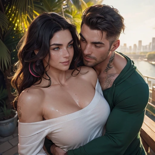 One shirtless rich SHORT-HAIRED tall muscular man with his girlfriend, flirting and hugging, girlfriend: Athletic fit bodybuilding muscular 30 year old fitness athlete woman, amazingly long wavy voluminous flowing hair down her back to her thighs beautiful like a waterfall, big beautiful green eyes, MANY freckles on face and body, muscle tone, wet and glistening from sweat, wearing low-rise oversized sweatpants-shorts, ((( IMPORTANT: and a huge loose baggy oversized low-cut comfy big sweatshirt with ONE wide-neck-hole that goes all around off-shoulder and cleavage in one big swoop 1.3))), very tall socks and cute sneakers, wearing headphones, flowers in hair, muscle definition in shoulders and belly and legs, gorgeous neck and shoulders, curvy, juicy wide hips, thick thighs, nice big muscular ass, mature gorgeous incredible pretty face, grinning, laughing, many tattoos on her body, exercising through a beautiful garden of an expensive mansion of a rich man in the morning, Instagram model, (((small breasts 1.3))), (((birds-eye-view-camera-pointed-down and bokeh and incredible colors and professional photographer with a sense of the dynamic and having depth 1.3 ))) k, SFW, abs,photorealistic,super long hair, incredible outfit that makes sense practically and beautifully for an autumn morning when it's sunny but a little windy, , headband, all clothes are one color,