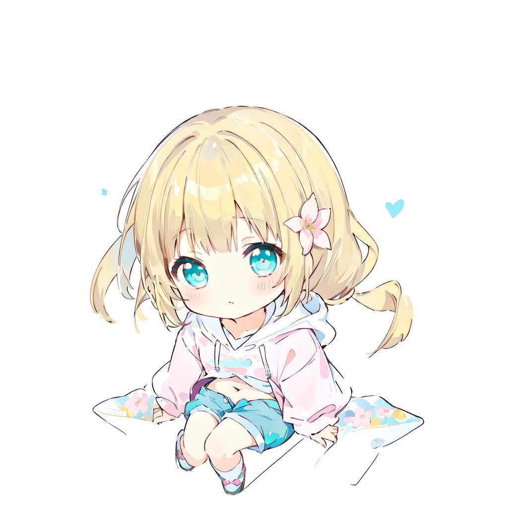 Belly button、Turquoise Eyes、Anime girl sitting on the ground with her hands folded, , Little Lolita Girl, Beasts, Large flower hair ornaments on either side of the face、Blonde Hair、Shortcuts、Pink short sleeve hoodie、Denim shorts、by Ai-Mitsu, by EiQ, anime Little, Little style, kawaii Little, Little anime girl, Line art!!, Little, Little anime, Anime girl crouching, Anime Moe Art Style, 