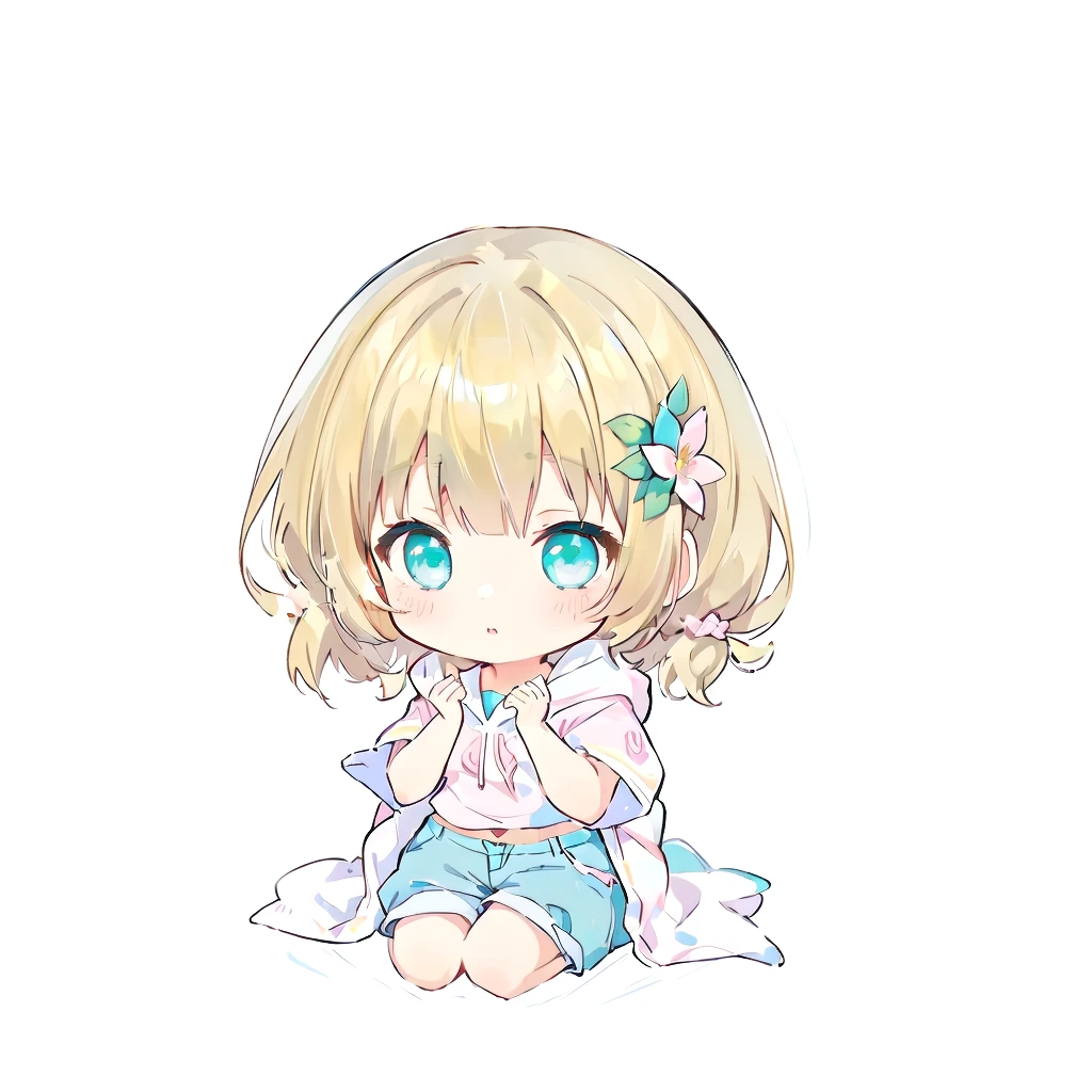 Belly button、Turquoise Eyes、Anime girl sitting on the ground with her hands folded, , Little Lolita Girl, Beasts, Large flower hair ornaments on either side of the face、Blonde Hair、Shortcuts、Pink short sleeve hoodie、Denim shorts、by Ai-Mitsu, by EiQ, anime Little, Little style, kawaii Little, Little anime girl, Line art!!, Little, Little anime, Anime girl crouching, Anime Moe Art Style,