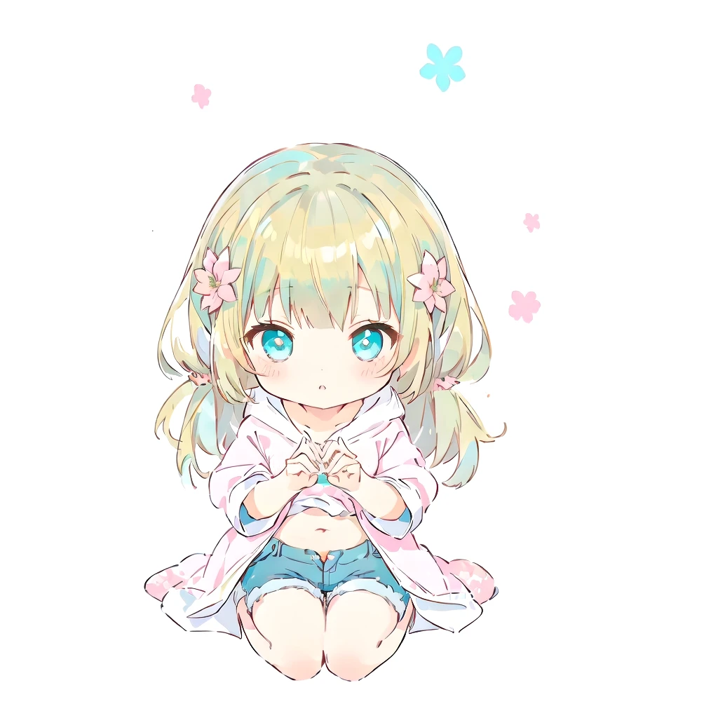 Belly button、Turquoise Eyes、Anime girl sitting on the ground with her hands folded, , Little ta Girl, Beasts, Large flower hair ornaments on either side of the face、Blonde Hair、Shortcuts、Pink short sleeve hoodie、Denim shorts、by Ai-Mitsu, by EiQ, anime Little, Little style, kawaii Little, Little anime girl, Line art!!, Little, Little anime, Anime girl crouching, Anime Moe Art Style,