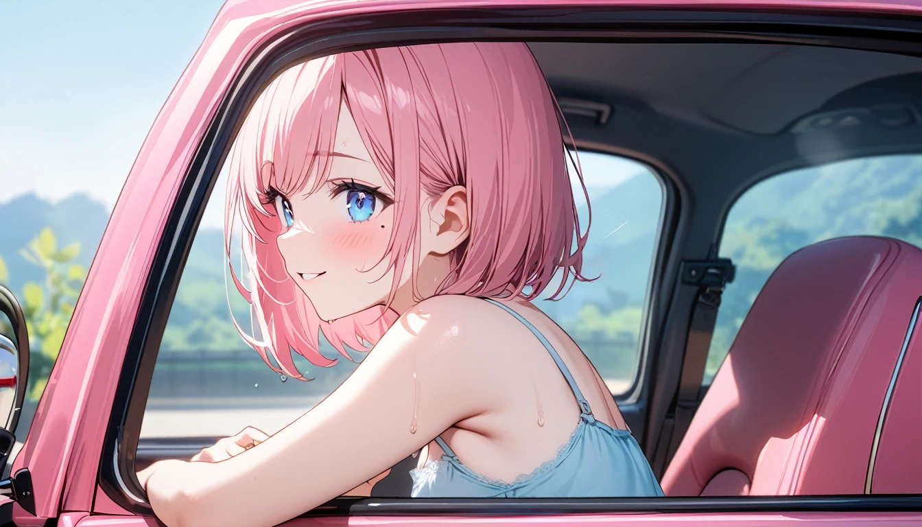 (1 girl),(Best Picture Quality, 8K, Masterpiece:1.3), (high school student:1.5), ((pink lob hair:1.1)), (bob cut),(swept bangs), (cute eyes, pupil black, iris skyblue, youthful face), (mole under right eye), (standard weight), (small breasts), (glistening skin:1.1),(pale skin:1.2),((camisole, hot pants)),(Smile),(sweat),((Ride a pink car)),((from side:1.3)),