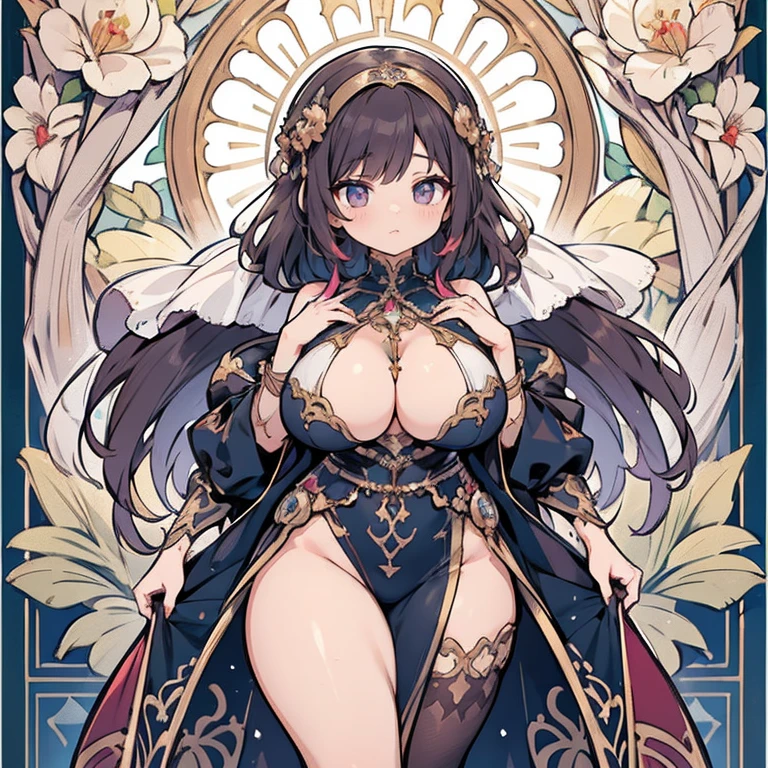 a beautiful detailed woman, 1girl, perfect body, sensual figure, slender, large breasts, thick thighs, gorgeous face, intricate details, high quality, masterpiece, official art, stunning, vibrant colors:1.5, art nouveau:1.5