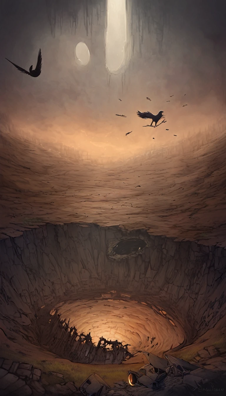 view from above, huge vertical hole that suddenly appears in the middle of empty grassland, the abyss, at the bottom of the pit, there is a monster with its mouth wide open, waiting for prey, mysterious bird flying, girl with mysterious smile sitting on cliff, rusty and broken robots scattered here and there, the birth of death, the death of birth, cute dark horror fantasy