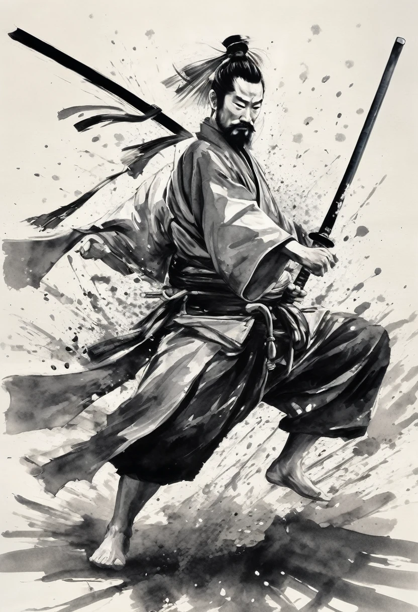 Black and white painting,Ink Painting,splash,Topknot,warrior（Ronin Style）,40-year-old male,Bearded,kimono,Attack with a Japanese sword,Composition from the front,Uplifting,shortage々Beautifully flowing brush strokes,Contours are not shown、Draw with shades of ink