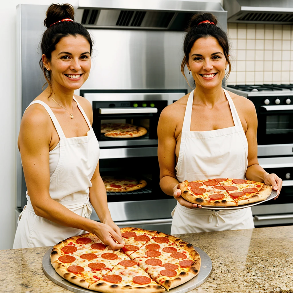 A middle-aged woman, with hair tied up and smiling, is eating a pizza on a granite countertop. Behind her, there is a heated stone oven, and on the counter are various ingredients such as tomato sauce, grated cheese and pepperoni, the stall must have been filled with ingredients