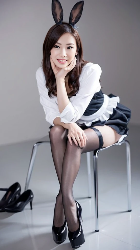 Bunny girl in maid costume:1.5，Wear black tights:1.5，The best smile:1.5，full-body shot:1.5，Gray background:1.5，Wearing black high heels:1.5，sit on the chair:1.5，Shot from a bottom angle:1.5