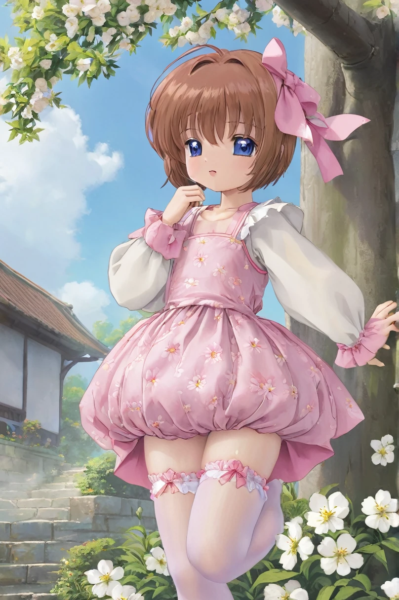  girl underwear, Sakura Kinomoto、Realistic bloomers made from patterned cotton fabric, Medieval one-piece dress with panniers, Fabric Realism, Low - Angle, I see bloomers, Pull up the dress by hand, Strong winds, Translucent slip, Translucent slip, tights, Highest quality,  whole body