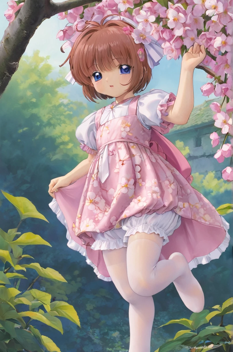  girl underwear, Sakura Kinomoto、Realistic bloomers made from patterned cotton fabric, Medieval one-piece dress with panniers, Fabric Realism, Low - Angle, I see bloomers, Pull up the dress by hand, Strong winds, Translucent slip, Translucent slip, tights, Highest quality,  whole body