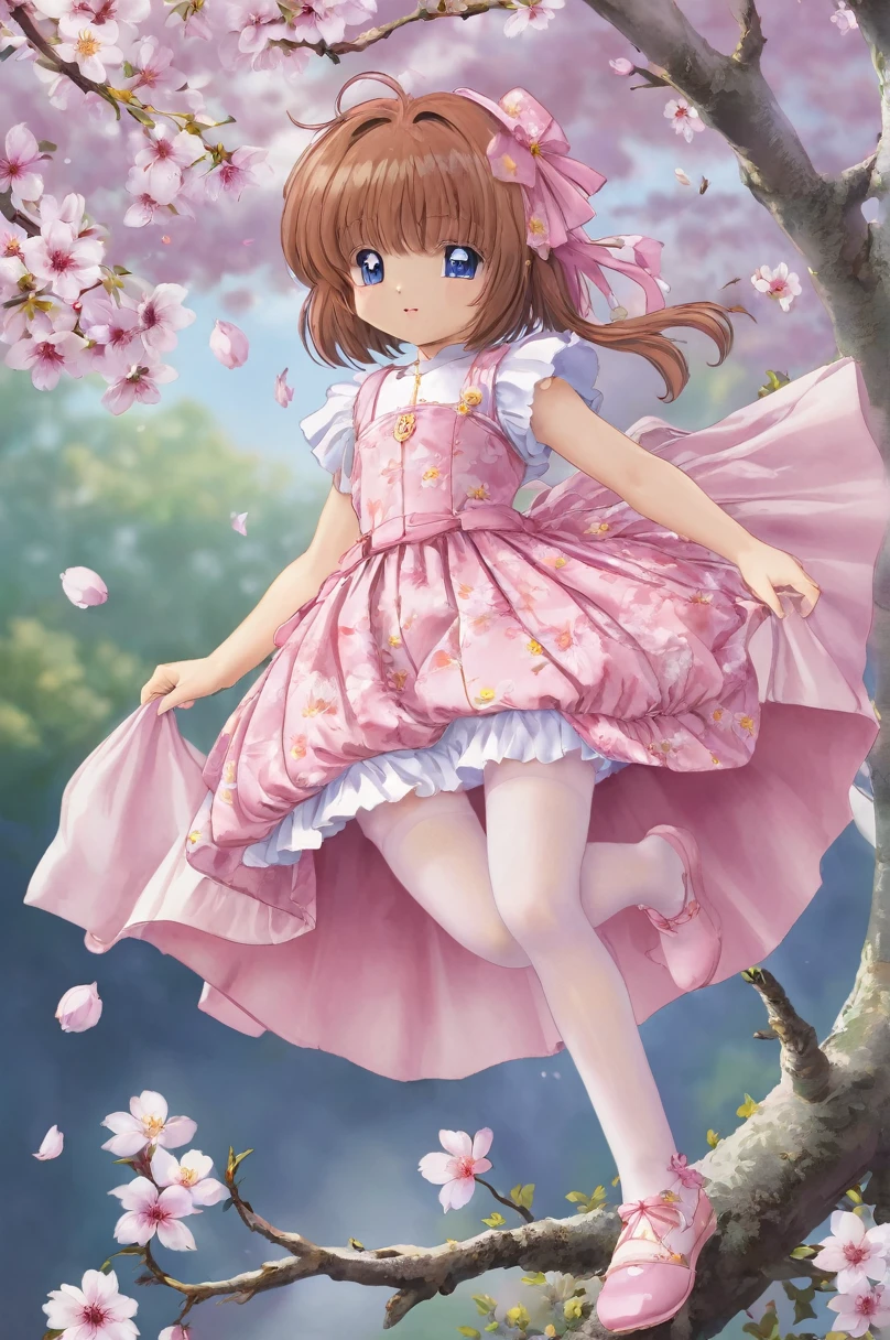  girl underwear, Sakura Kinomoto、Realistic bloomers made from patterned cotton fabric, Medieval one-piece dress with panniers, Fabric Realism, Low - Angle, I see bloomers, Pull up the dress by hand, Strong winds, Translucent slip, Translucent slip, tights, Highest quality,  whole body