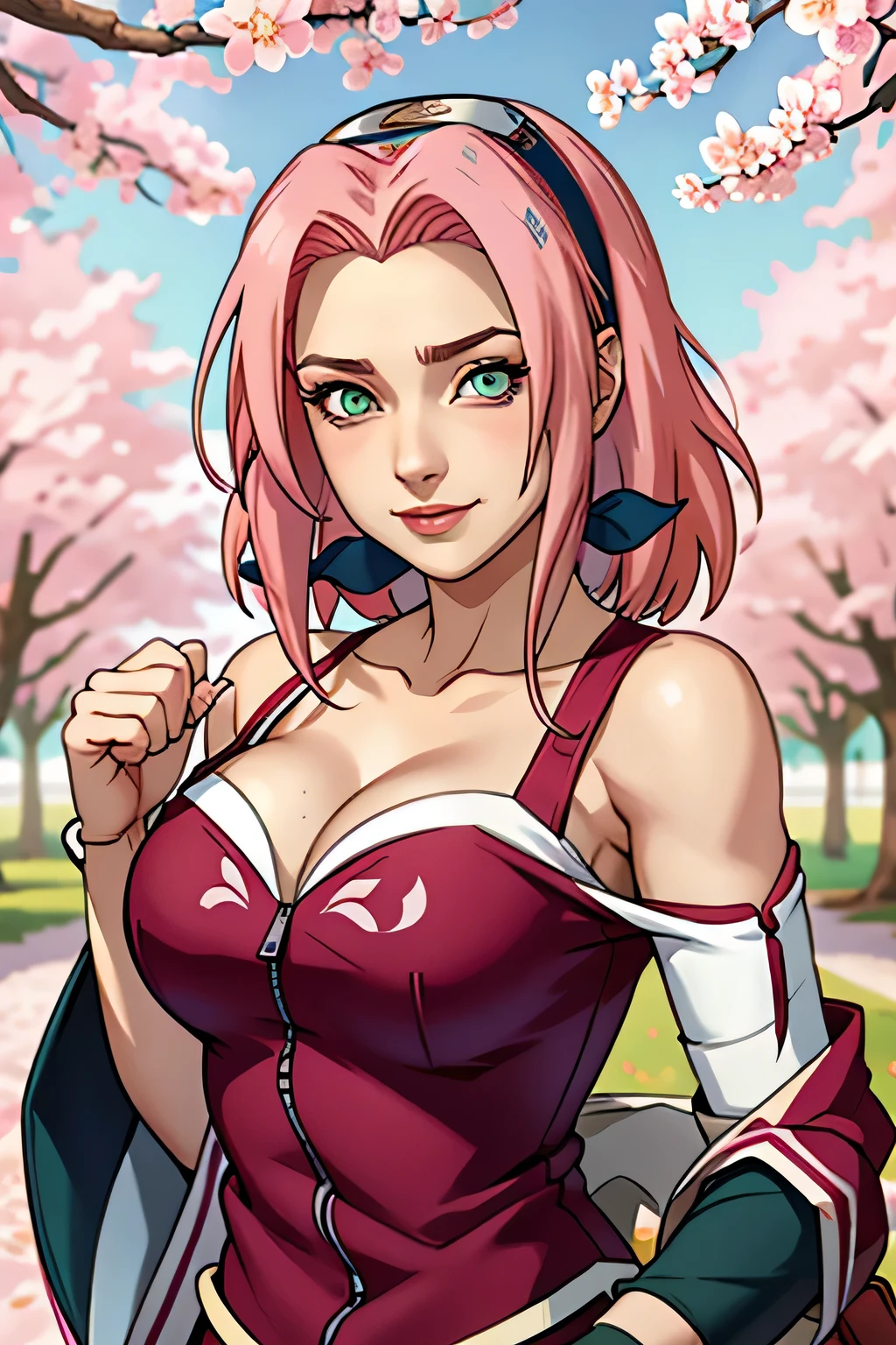tmasterpiece, Best quality at best, 1girll, Sakura Haruno, Large breasts,Off-the-shoulder attire,(cleavage),(upperbody closeup),Raised sexy,is shy,ssmile,with pink hair, long whitr hair, (Green eyeballs:1.4), Forehead protection, the cherry trees,Cherry blossoms flying,Red clothes,Zipper half