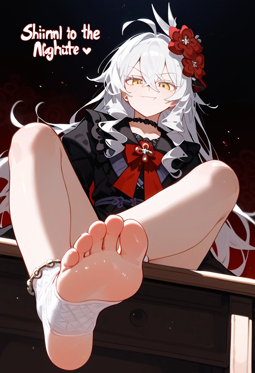 score_9, score_8_up,score_7_up, BREAK, 1boy, solo, white hair, long hair, ahoge, desk,sitting on desk,foot up, soles,foot focus,from below,anklet, ((wearing red ankle socks)), 5toes, smile, vampire, masterpiece, best quality, Cinematic, Fancy effects, 1boy, Intricate details, white hair, long hair, shiny hair, shiny skin, detailed eyes, hd eyes, beautiful eyes, gothic, hair between eyes, layered clothes, yellow eyes, looking at viewer, highly detailed eyes, dramatic lighting, fluffy hair, dark magic background, shadow background, crimson spikes background, happy, smug face, eyelashes, white eyelashes, hair flower, red flowers in hair, collar, kimono, shiny feet, collarbone, manly body