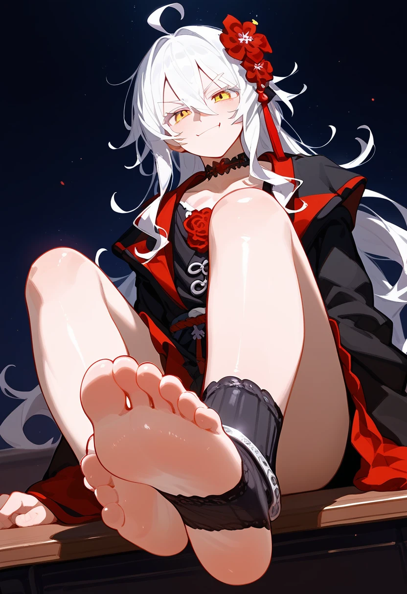 score_9, score_8_up,score_7_up, BREAK, 1boy, solo, white hair, long hair, ahoge, desk,sitting on desk,foot up, soles,foot focus,from below,anklet, ((wearing red ankle socks)), 5toes, smile, vampire, masterpiece, best quality, Cinematic, Fancy effects, 1boy, Intricate details, white hair, long hair, shiny hair, shiny skin, detailed eyes, hd eyes, beautiful eyes, gothic, hair between eyes, layered clothes, yellow eyes, looking at viewer, highly detailed eyes, dramatic lighting, fluffy hair, dark magic background, shadow background, crimson spikes background, happy, smug face, eyelashes, white eyelashes, hair flower, red flowers in hair, collar, kimono, shiny feet, collarbone, manly body