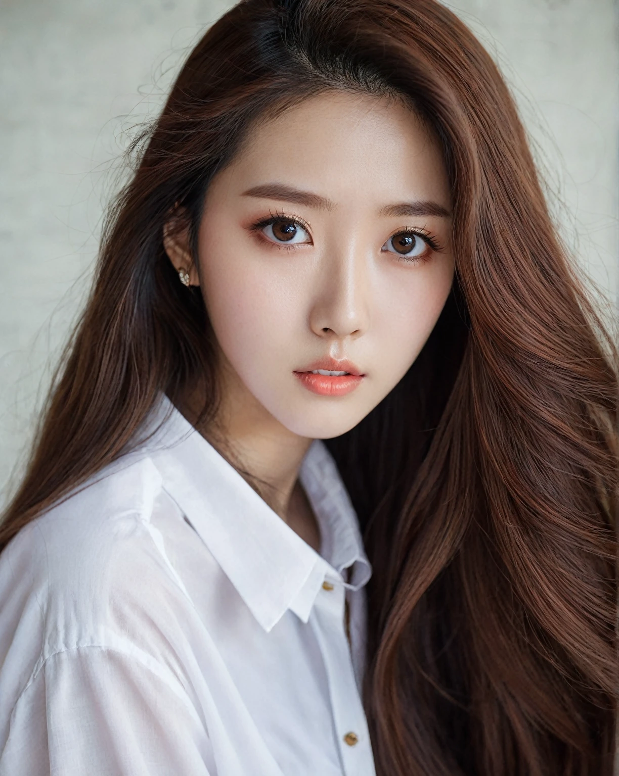 a close up of a woman with long hair wearing a white shirt, ulzzang, 🤤 retrato de niña with long hair, coral brown hair, Big eyes and long flowing hair, brown hair and big eyes, loose brown hair, with long hair and piercing eyes, with long hair, King&#39;s wool