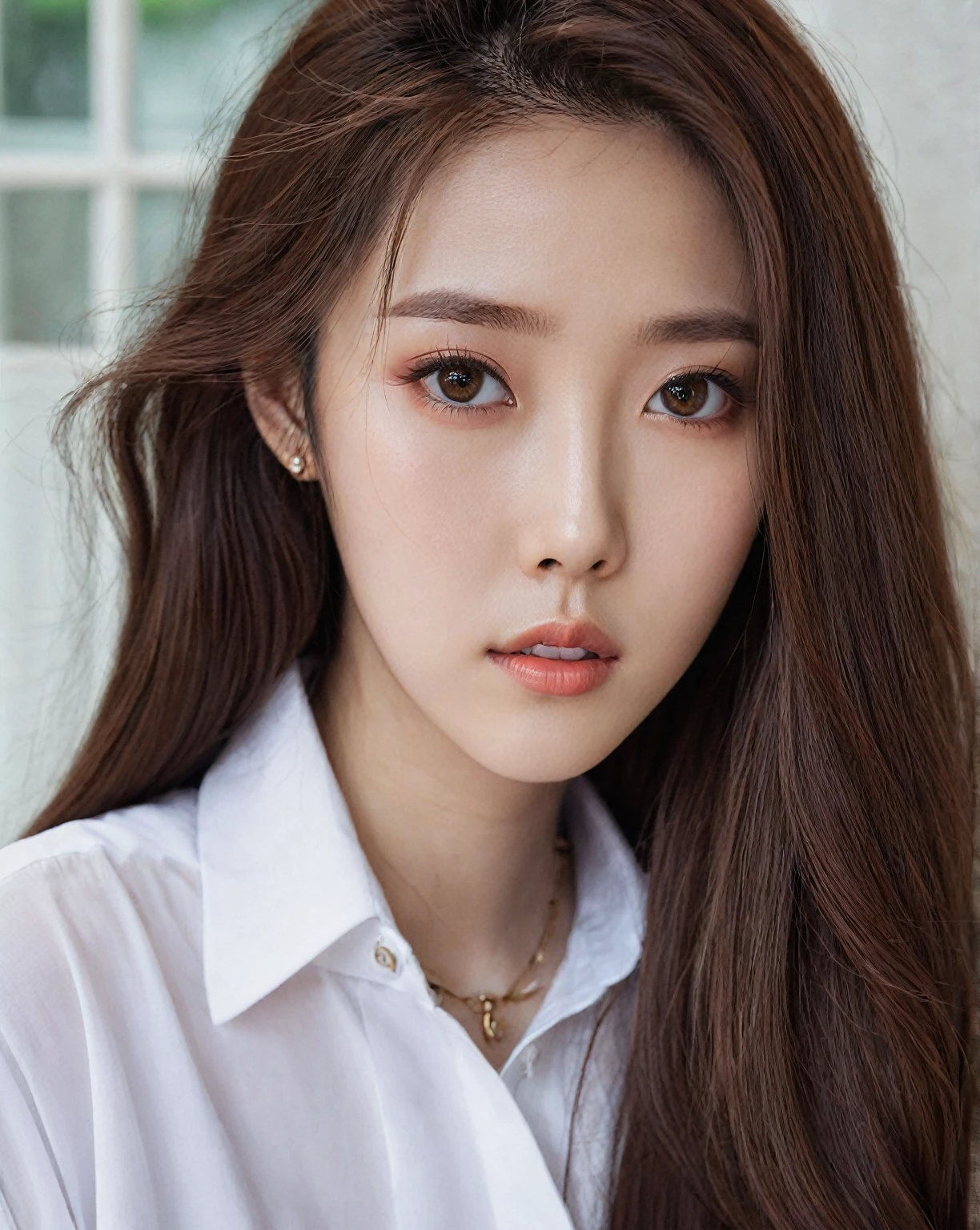 a close up of a woman with long hair wearing a white shirt, ulzzang, 🤤 retrato de niña with long hair, coral brown hair, Big eyes and long flowing hair, brown hair and big eyes, loose brown hair, with long hair and piercing eyes, with long hair, King&#39;s wool