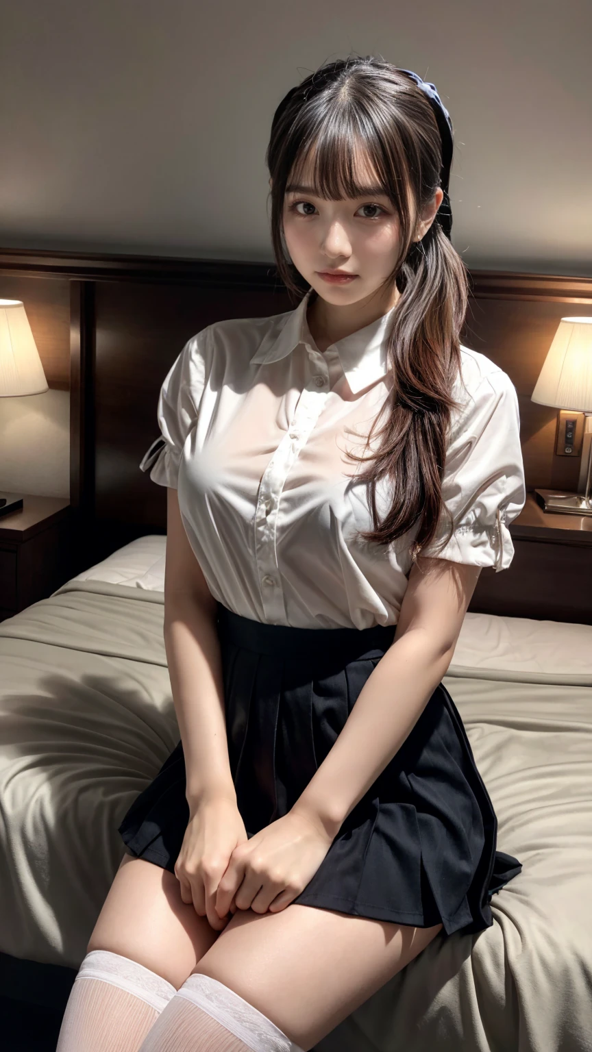 (8K, RAW Photos, Highest quality, masterpiece:1.2), (professional photography, full colors, studio-caliber color grading), (Gravure quality for high-end fashion magazines), BREAK,18 year old girl, (fluffy ponytail:1.2), Big Natural Color Lip, Plumpy body, (smooth skin:1.1), huge breasts, BREAK, (collared shirt:1.1), pleated skirt, knee high socks, BREAK, hotel room, cute , lolita