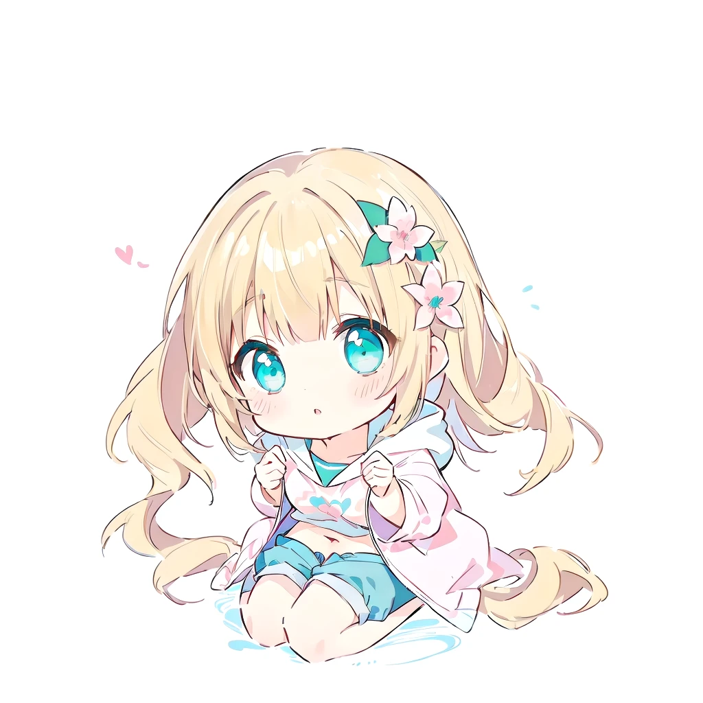 Belly button、Turquoise Eyes、Anime girl sitting on the ground with her hands folded, , Little Lolita Girl, Beasts, Large flower hair ornaments on either side of the face、Blonde Hair、Shortcuts、Pink short sleeve hoodie、Denim shorts、by Ai-Mitsu, by EiQ, anime Little, Little style, kawaii Little, Little anime girl, Line art!!, Little, Little anime, Anime girl crouching, Anime Moe Art Style, 