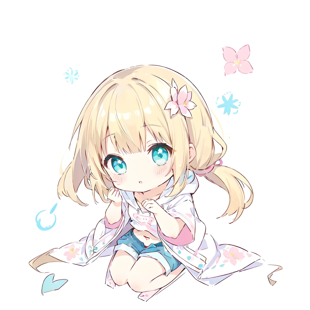 Belly button、Turquoise Eyes、Anime girl sitting on the ground with her hands folded, , Little Lolita Girl, Beasts, Large flower hair ornaments on either side of the face、Blonde Hair、Shortcuts、Pink short sleeve hoodie、Denim shorts、by Ai-Mitsu, by EiQ, anime Little, Little style, kawaii Little, Little anime girl, Line art!!, Little, Little anime, Anime girl crouching, Anime Moe Art Style,