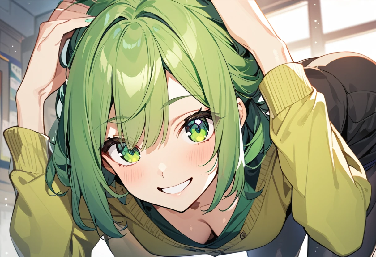 anime, One girl, Green Eyes, Highest quality, Green Hair, Shortcuts, Chest to head, cardigan, Leaning forward pose, smile