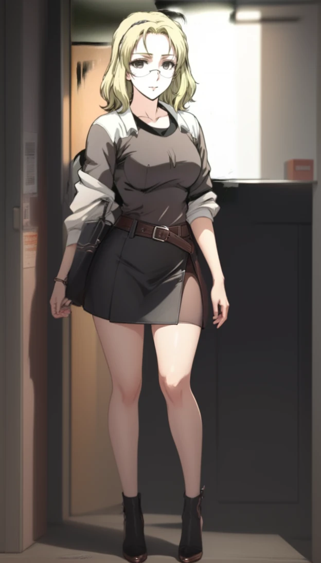 anime image of a woman with glasses in standing position, female anime character, anime visual of a young woman, as an anime character, blonde hair, headband, gray shirt, bare legs, gray skirt, black belt, black high heels, professor, off-the-shoulder white lab coats style