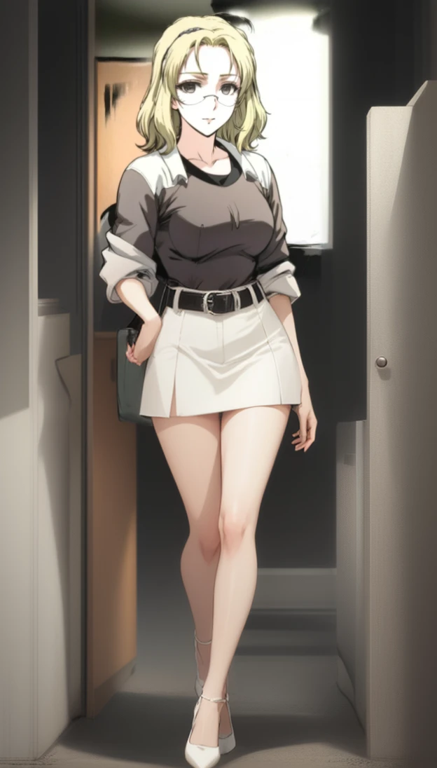 anime image of a woman with glasses in standing position, female anime character, anime visual of a young woman, as an anime character, blonde hair, headband, gray shirt, bare legs, gray skirt, black belt, black high heels, professor, off-the-shoulder white lab coats style