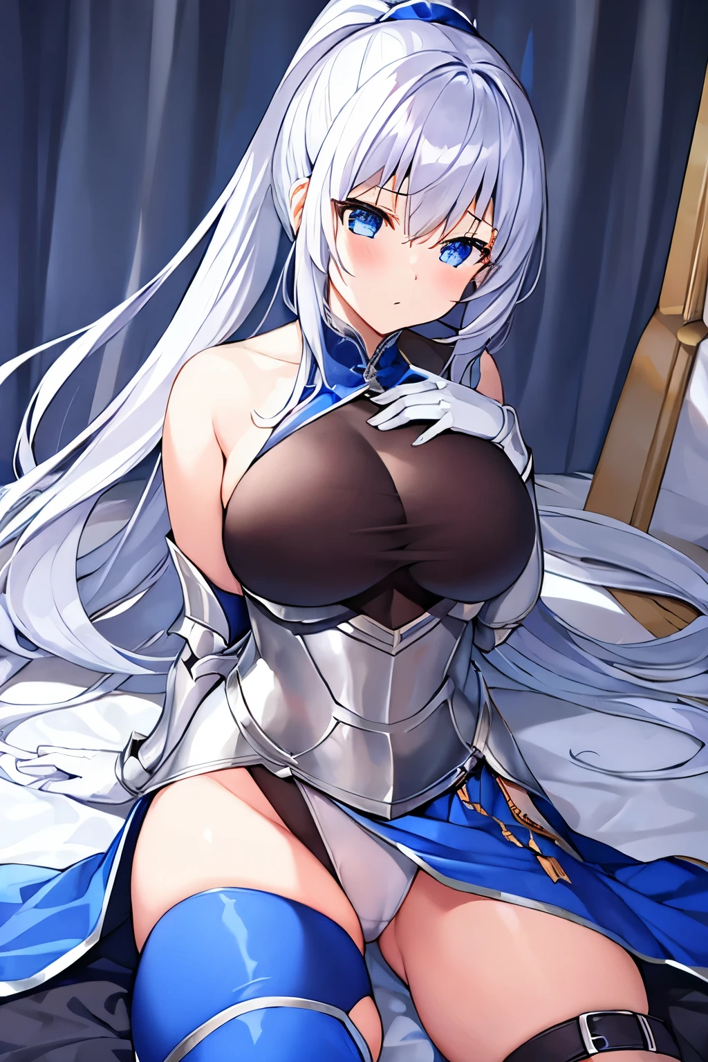 1 girl、silver ponytail、knight、Less Armor、Lots of cloth、Blue decoration、leotard、Expose、Bigger breasts、Dirty