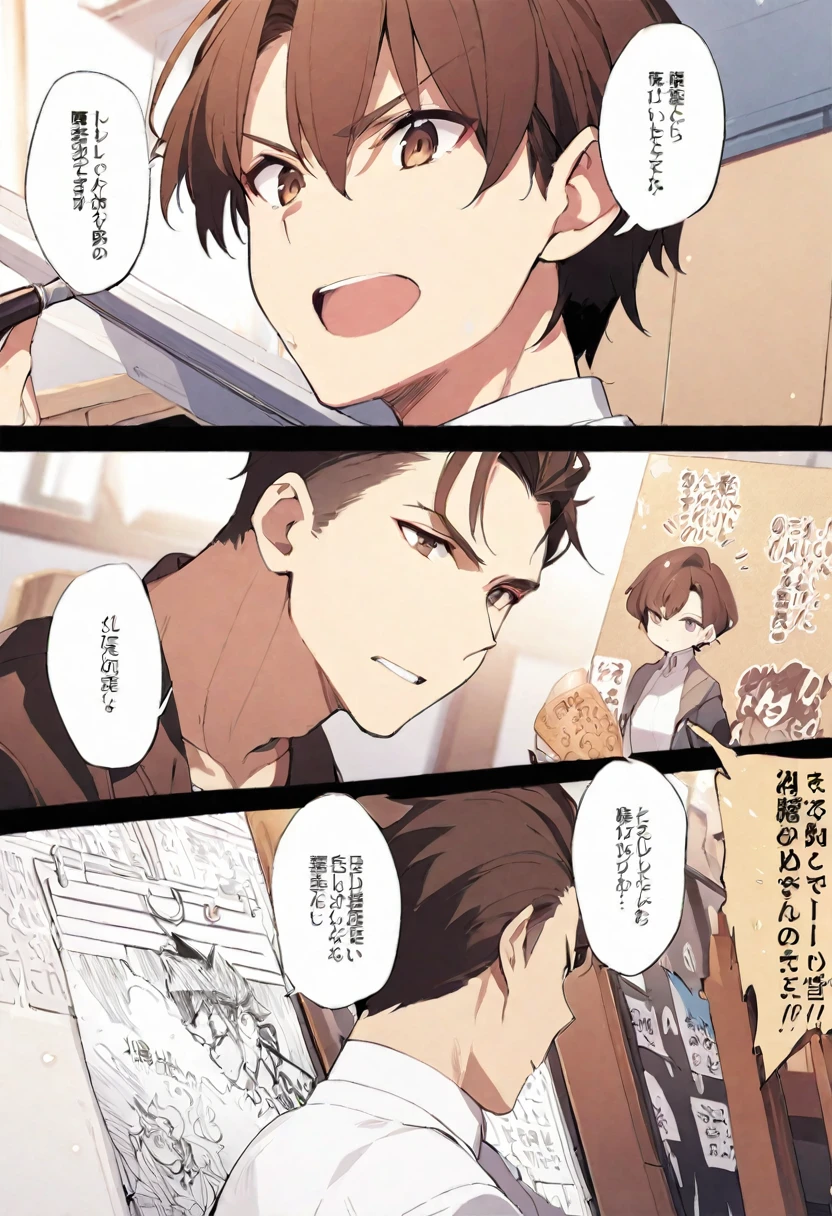 manga page, of a white and brown hair man, and writing on the board